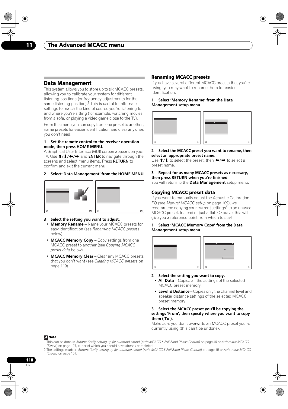 Data management, Renaming mcacc presets, Copying mcacc preset data | The advanced mcacc menu 11 | Pioneer SC-LX82 User Manual | Page 118 / 148
