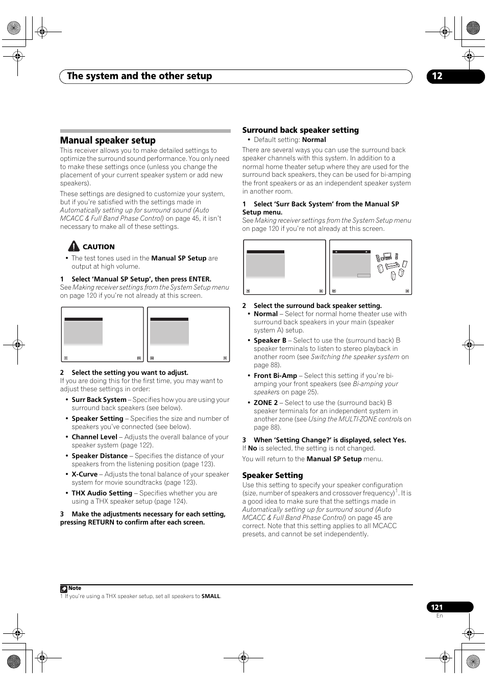 Manual speaker setup, Surround back speaker setting, Speaker setting | The system and the other setup 12 | Pioneer SC-LX82 User Manual | Page 121 / 148