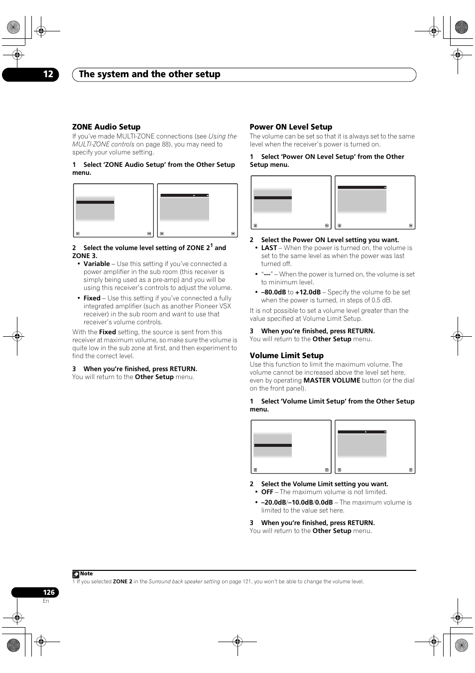 Zone audio setup, Power on level setup, Volume limit setup | The system and the other setup 12 | Pioneer SC-LX82 User Manual | Page 126 / 148