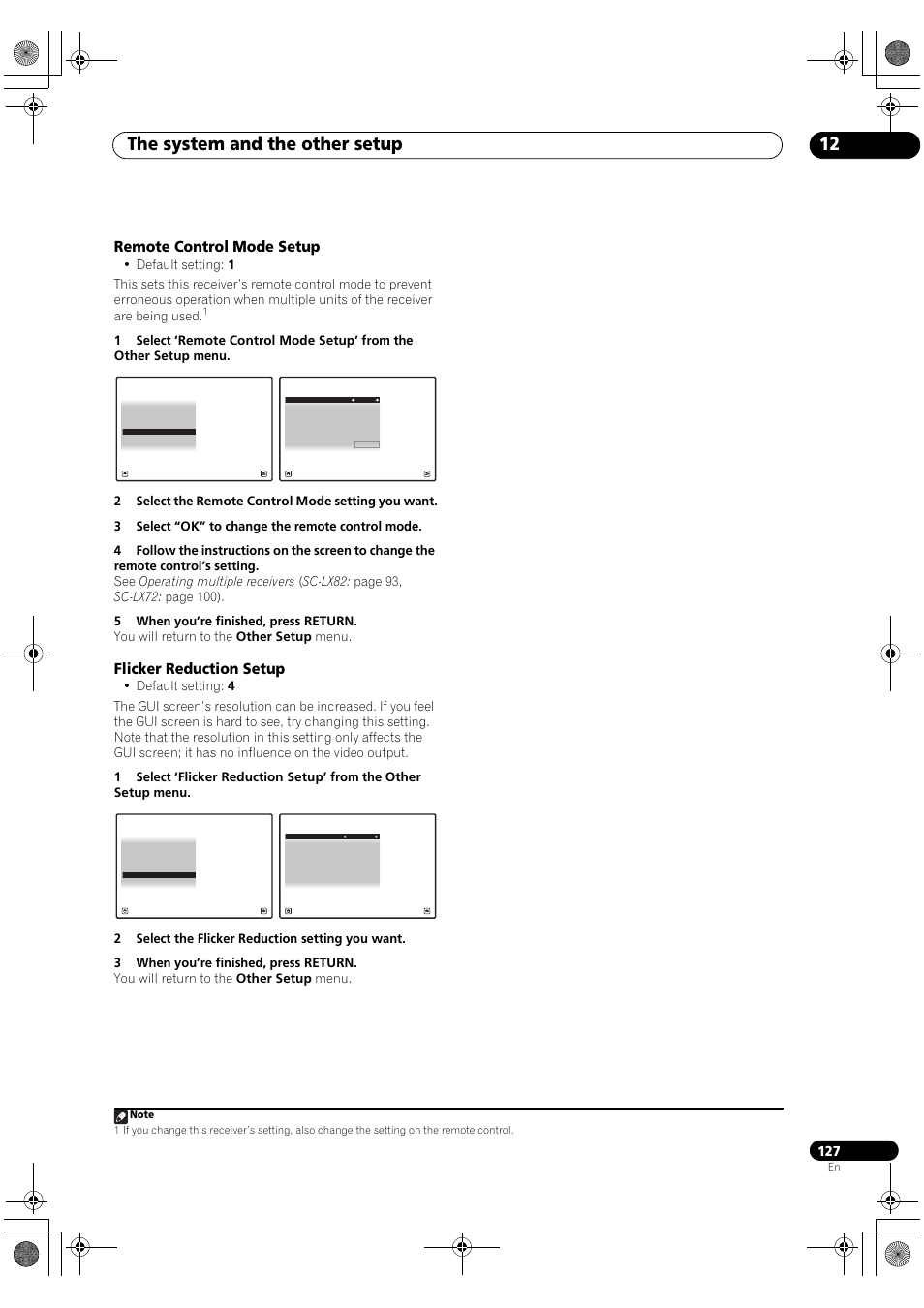 Remote control mode setup, Flicker reduction setup, The system and the other setup 12 | Pioneer SC-LX82 User Manual | Page 127 / 148