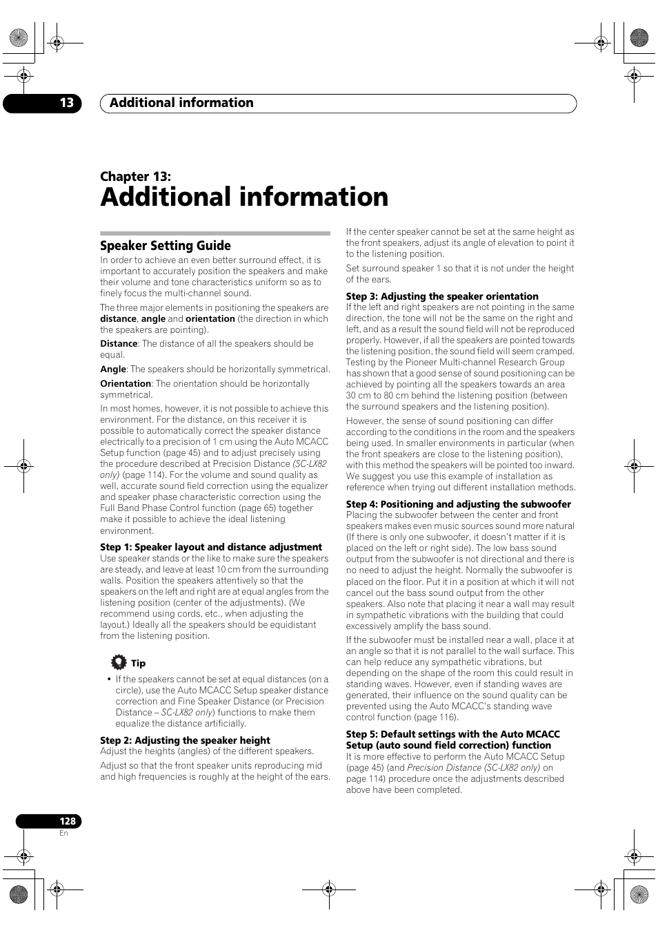 Additional information, Speaker setting guide, Additional information 13 | Chapter 13 | Pioneer SC-LX82 User Manual | Page 128 / 148