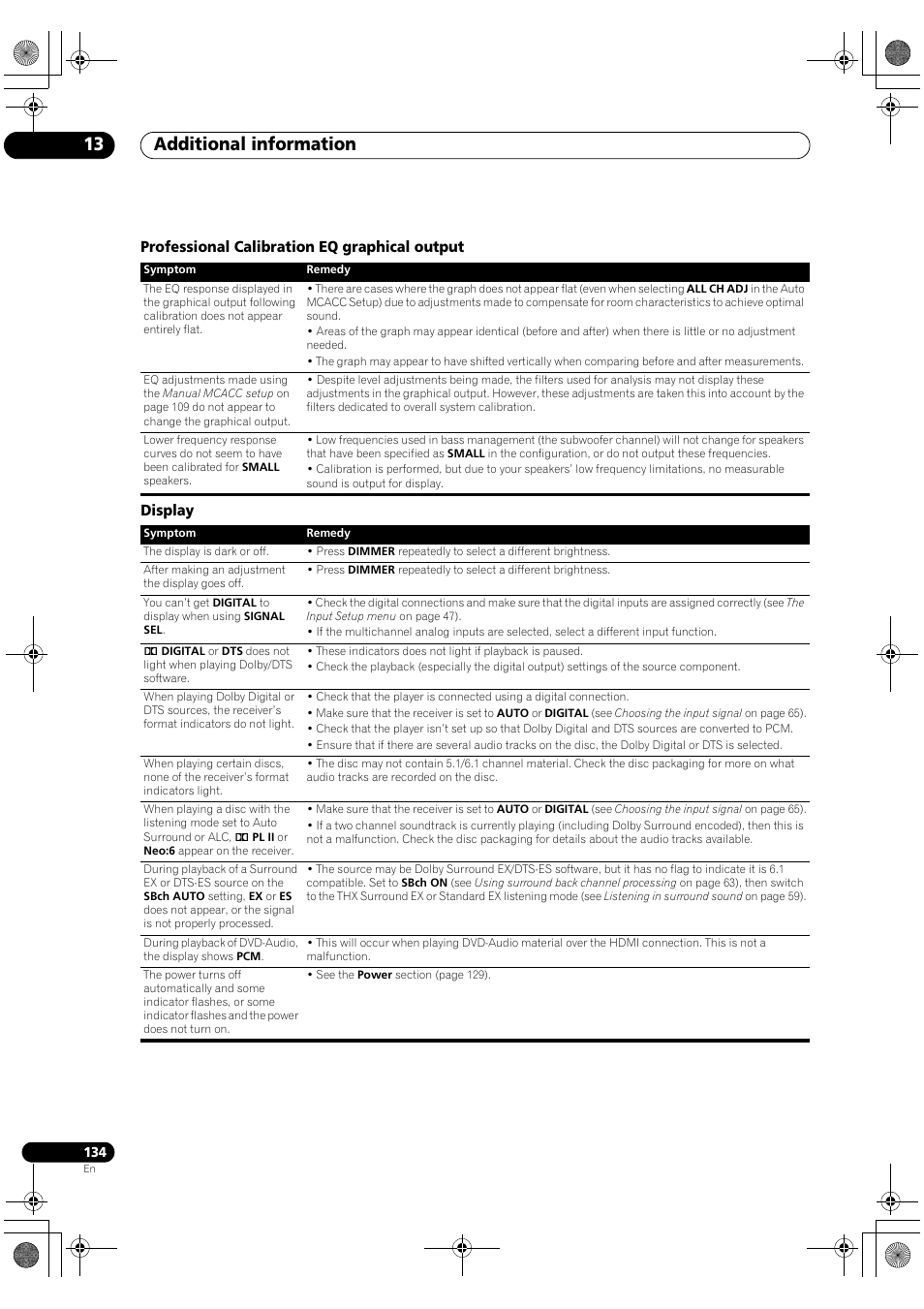 Professional calibration eq graphical output, Display, Additional information 13 | Pioneer SC-LX82 User Manual | Page 134 / 148