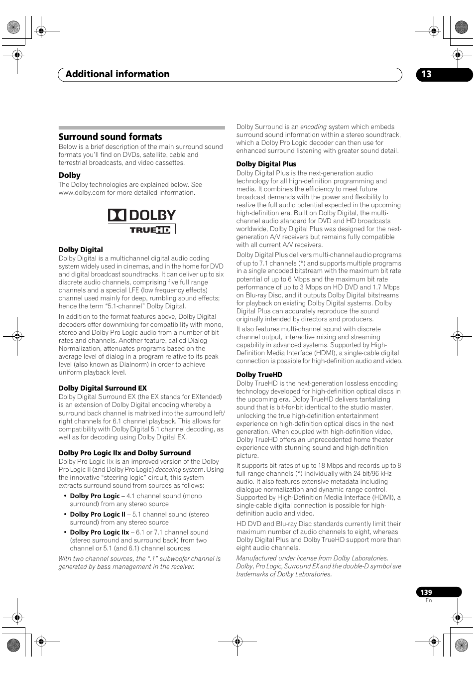 Surround sound formats, Dolby, Additional information 13 | Pioneer SC-LX82 User Manual | Page 139 / 148