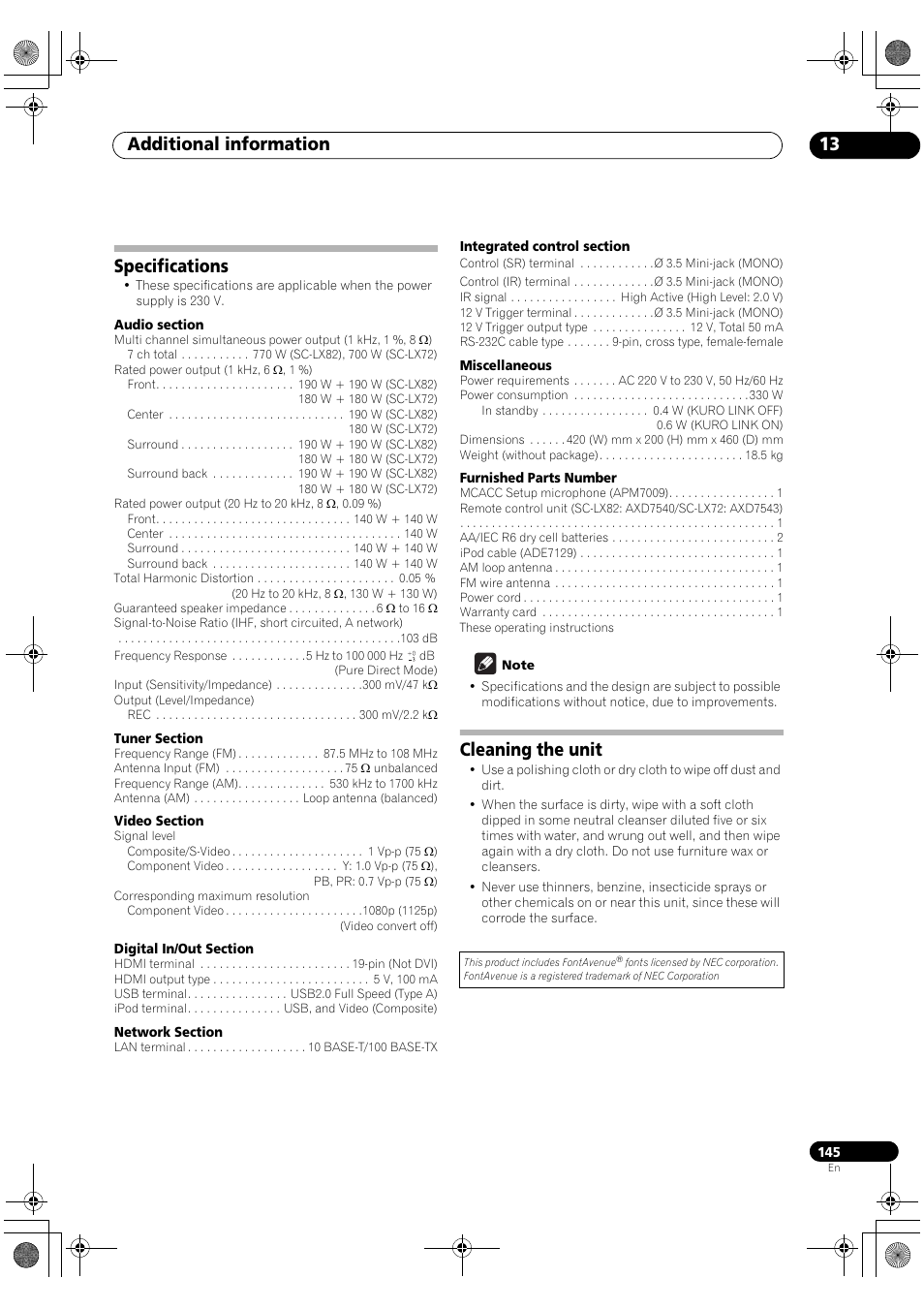 Specifications, Cleaning the unit, Additional information 13 | Pioneer SC-LX82 User Manual | Page 145 / 148