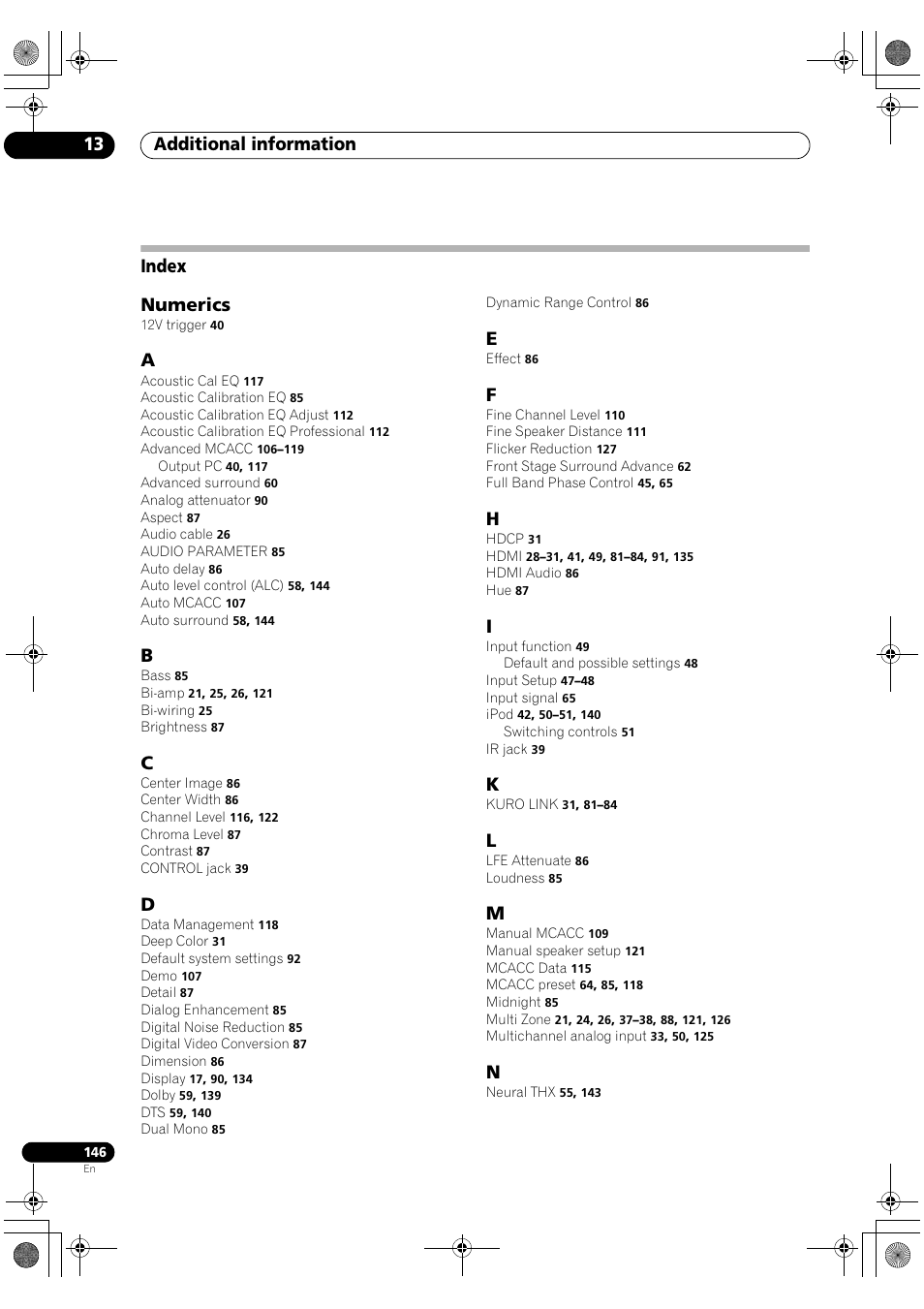 Index, Additional information 13, Index numerics | Pioneer SC-LX82 User Manual | Page 146 / 148