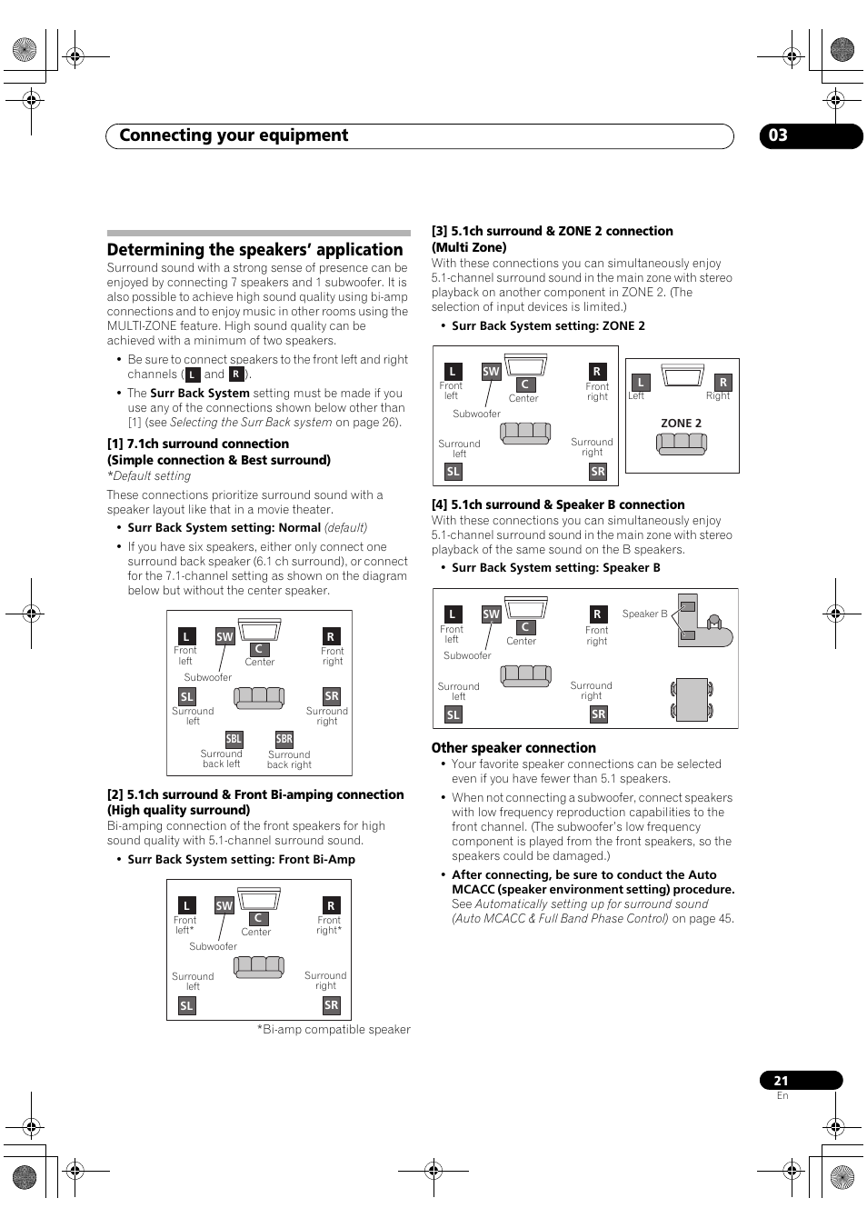 Determining the speakers’ application, Other speaker connection, Connecting your equipment 03 | Pioneer SC-LX82 User Manual | Page 21 / 148