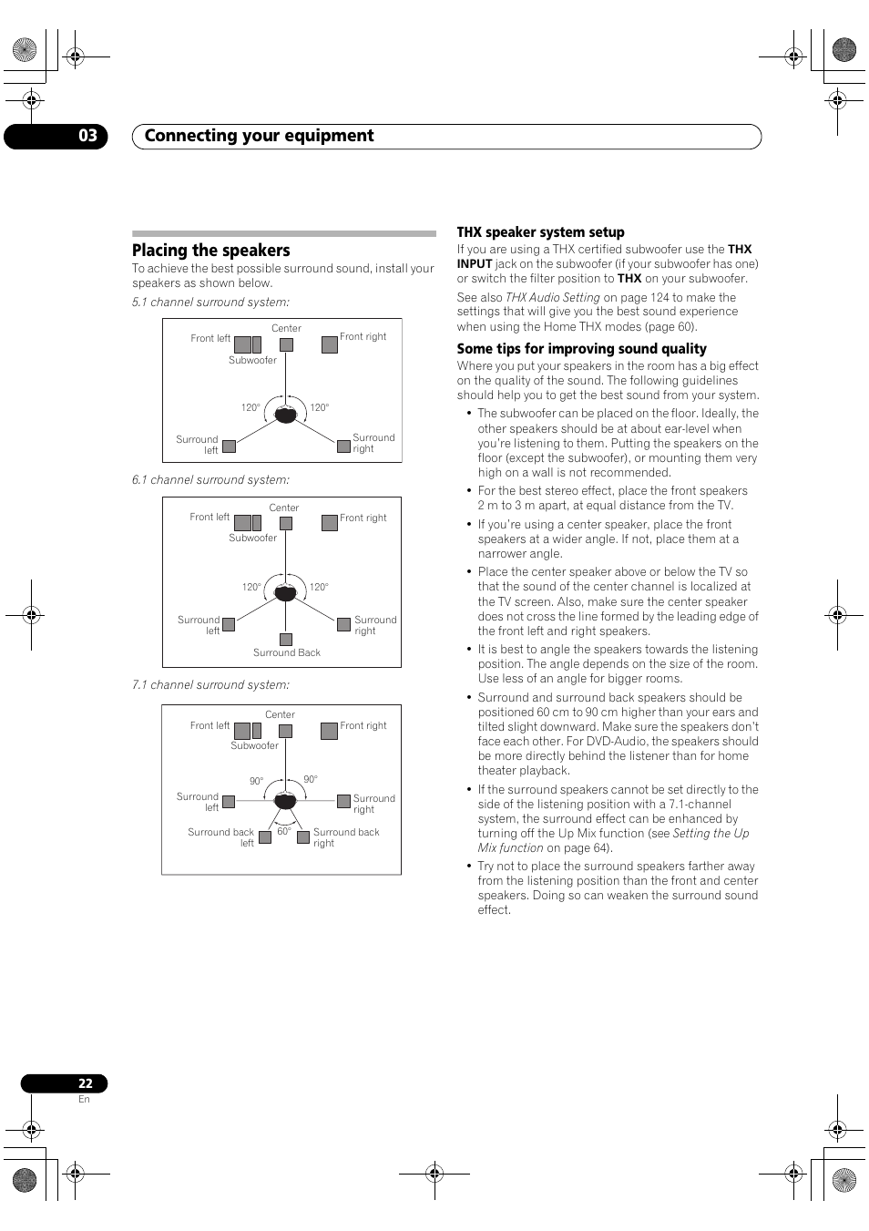 Placing the speakers, Thx speaker system setup, Some tips for improving sound quality | Connecting your equipment 03 | Pioneer SC-LX82 User Manual | Page 22 / 148