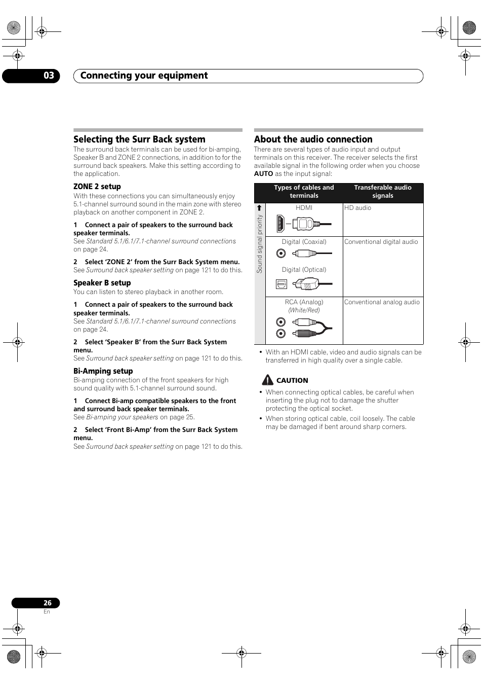 Selecting the surr back system, Zone 2 setup, Speaker b setup | Bi-amping setup, About the audio connection, Connecting your equipment 03 | Pioneer SC-LX82 User Manual | Page 26 / 148