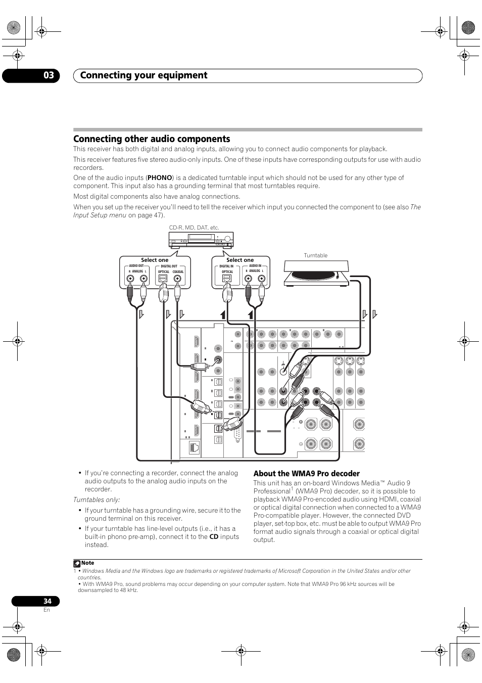 Connecting other audio components, About the wma9 pro decoder, Connecting your equipment 03 | Pioneer SC-LX82 User Manual | Page 34 / 148