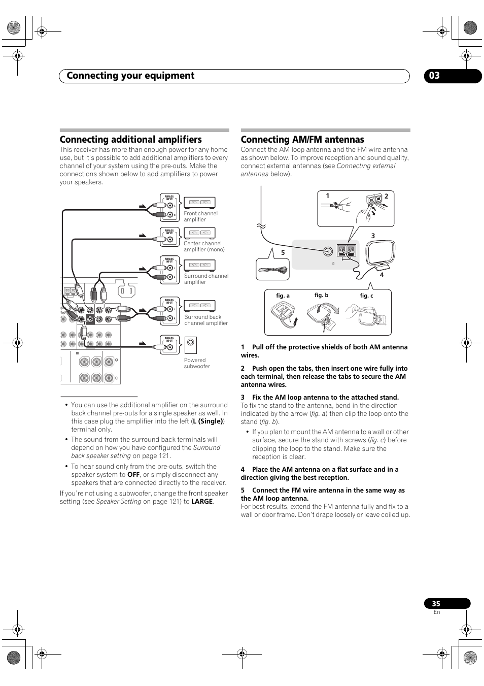 Connecting additional amplifiers, Connecting am/fm antennas, Connecting your equipment 03 | Pioneer SC-LX82 User Manual | Page 35 / 148