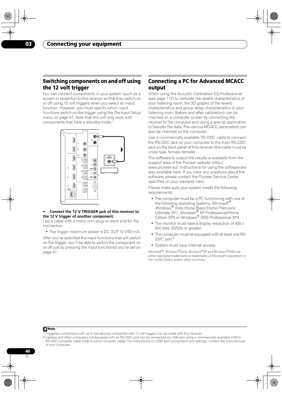 Connecting a pc for advanced mcacc output, Connecting your equipment 03, Windows | Xp professional/home edition sp3 or windows, System must have internet access | Pioneer SC-LX82 User Manual | Page 40 / 148