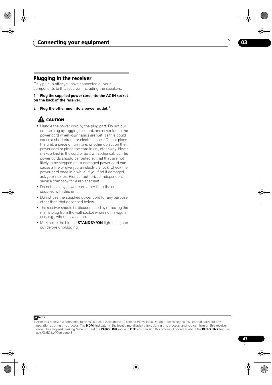 Plugging in the receiver, Connecting your equipment 03 | Pioneer SC-LX82 User Manual | Page 43 / 148