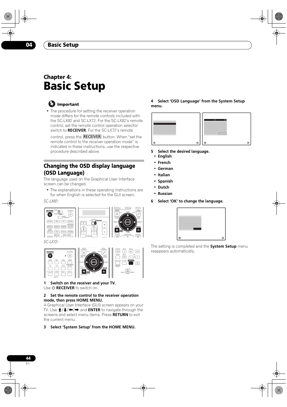 Basic setup, Changing the osd display language (osd language), Basic setup 04 | Chapter 4, Sc-lx72 | Pioneer SC-LX82 User Manual | Page 44 / 148