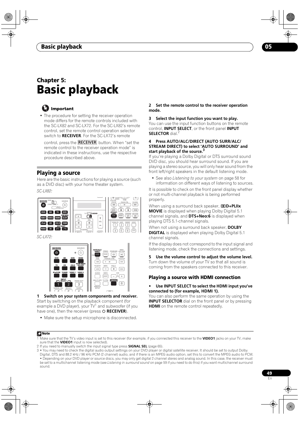 Basic playback, Playing a source, Playing a source with hdmi connection | Basic playback 05, Chapter 5, Sc-lx72, Receiver | Pioneer SC-LX82 User Manual | Page 49 / 148