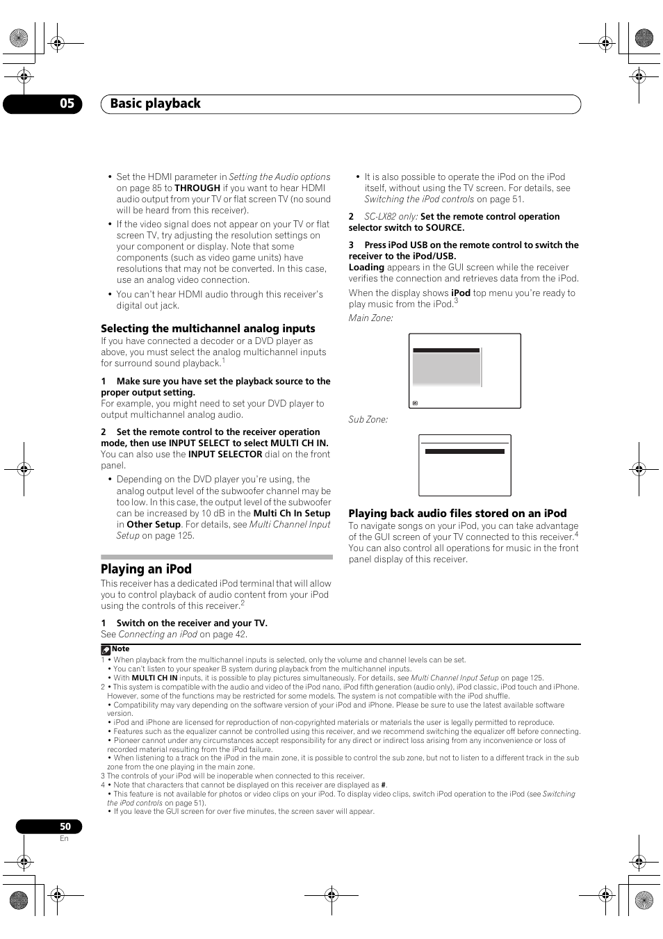 Selecting the multichannel analog inputs, Playing an ipod, Playing back audio files stored on an ipod | Basic playback 05 | Pioneer SC-LX82 User Manual | Page 50 / 148