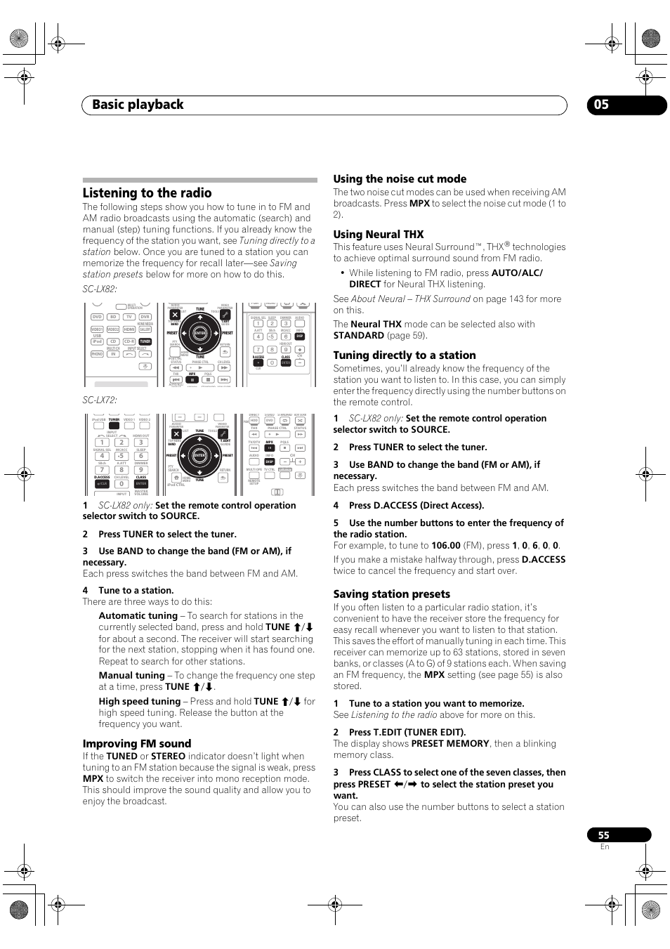 Listening to the radio, Improving fm sound, Using the noise cut mode | Using neural thx, Tuning directly to a station, Saving station presets, Basic playback 05, Sc-lx72, This feature uses neural surround™, thx | Pioneer SC-LX82 User Manual | Page 55 / 148