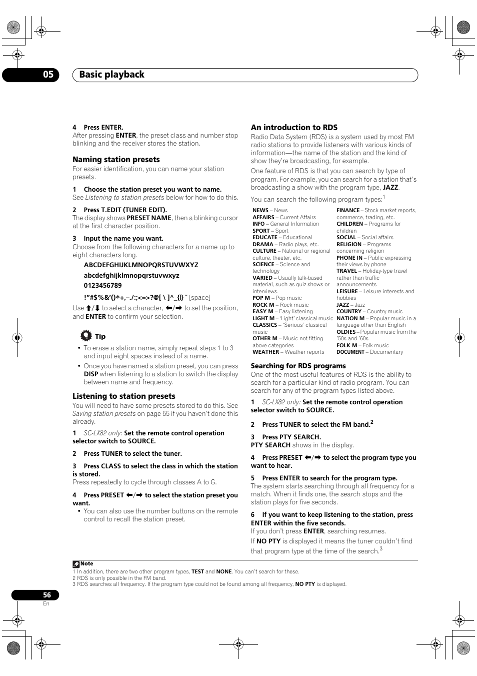 Naming station presets, Listening to station presets, An introduction to rds | Basic playback 05 | Pioneer SC-LX82 User Manual | Page 56 / 148