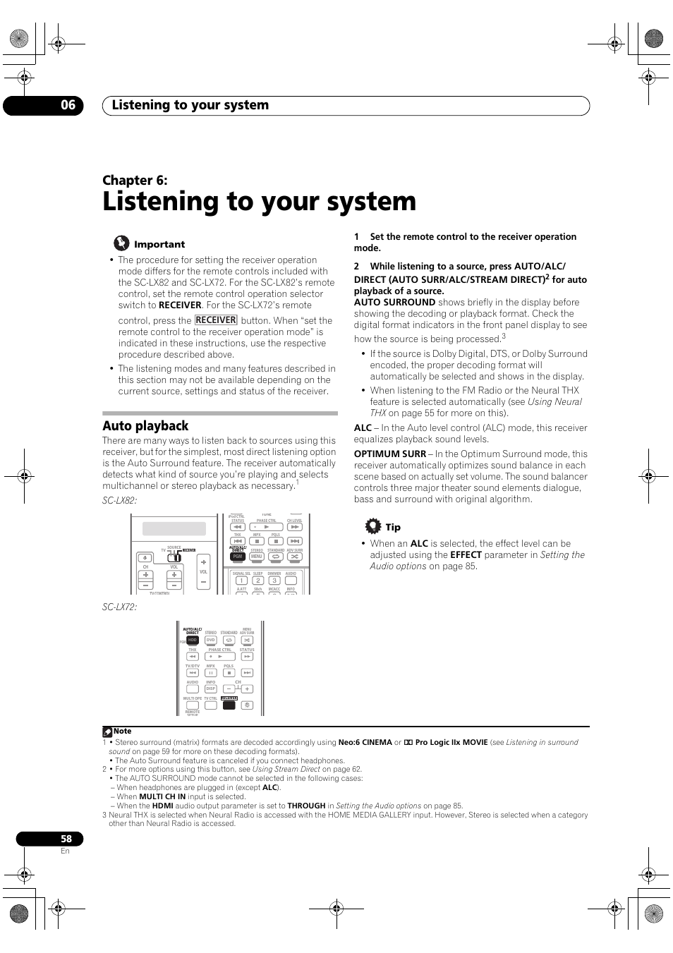 Listening to your system, Auto playback, Listening to your system 06 | Chapter 6, Sc-lx82, Receiver | Pioneer SC-LX82 User Manual | Page 58 / 148