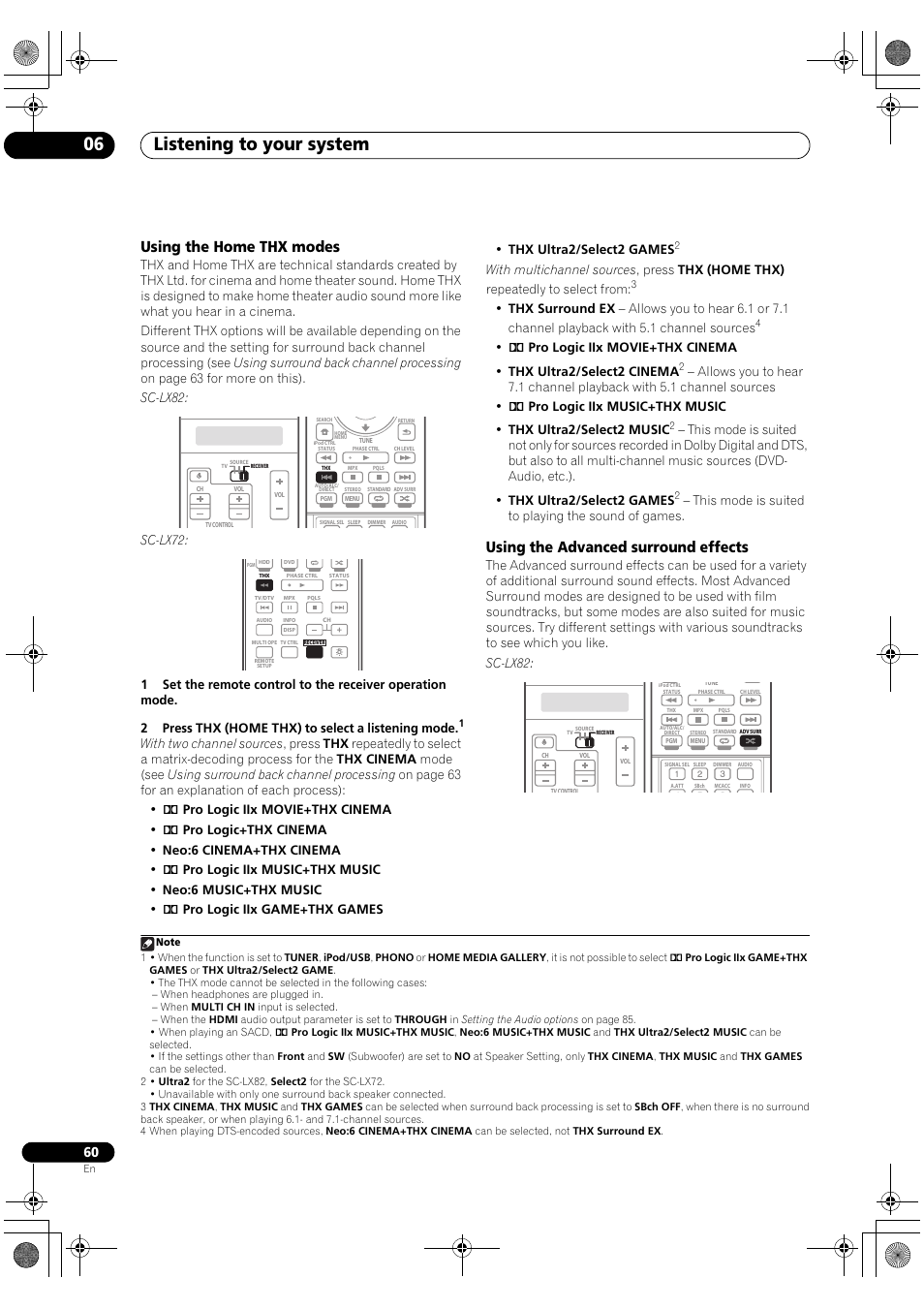 Using the home thx modes, Using the advanced surround effects, Listening to your system 06 | This mode is suited to playing the sound of games | Pioneer SC-LX82 User Manual | Page 60 / 148