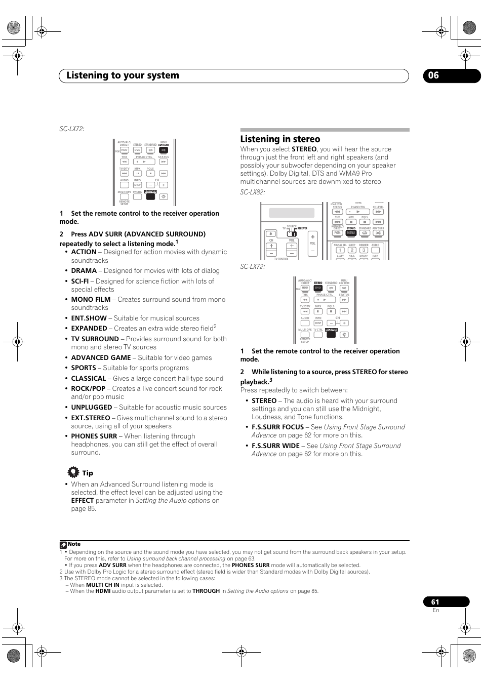 Listening in stereo, Listening to your system 06 | Pioneer SC-LX82 User Manual | Page 61 / 148