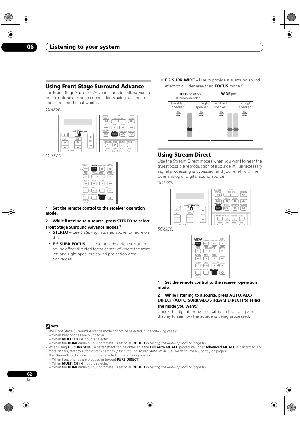 Using front stage surround advance, Using stream direct, Listening to your system 06 | Pioneer SC-LX82 User Manual | Page 62 / 148