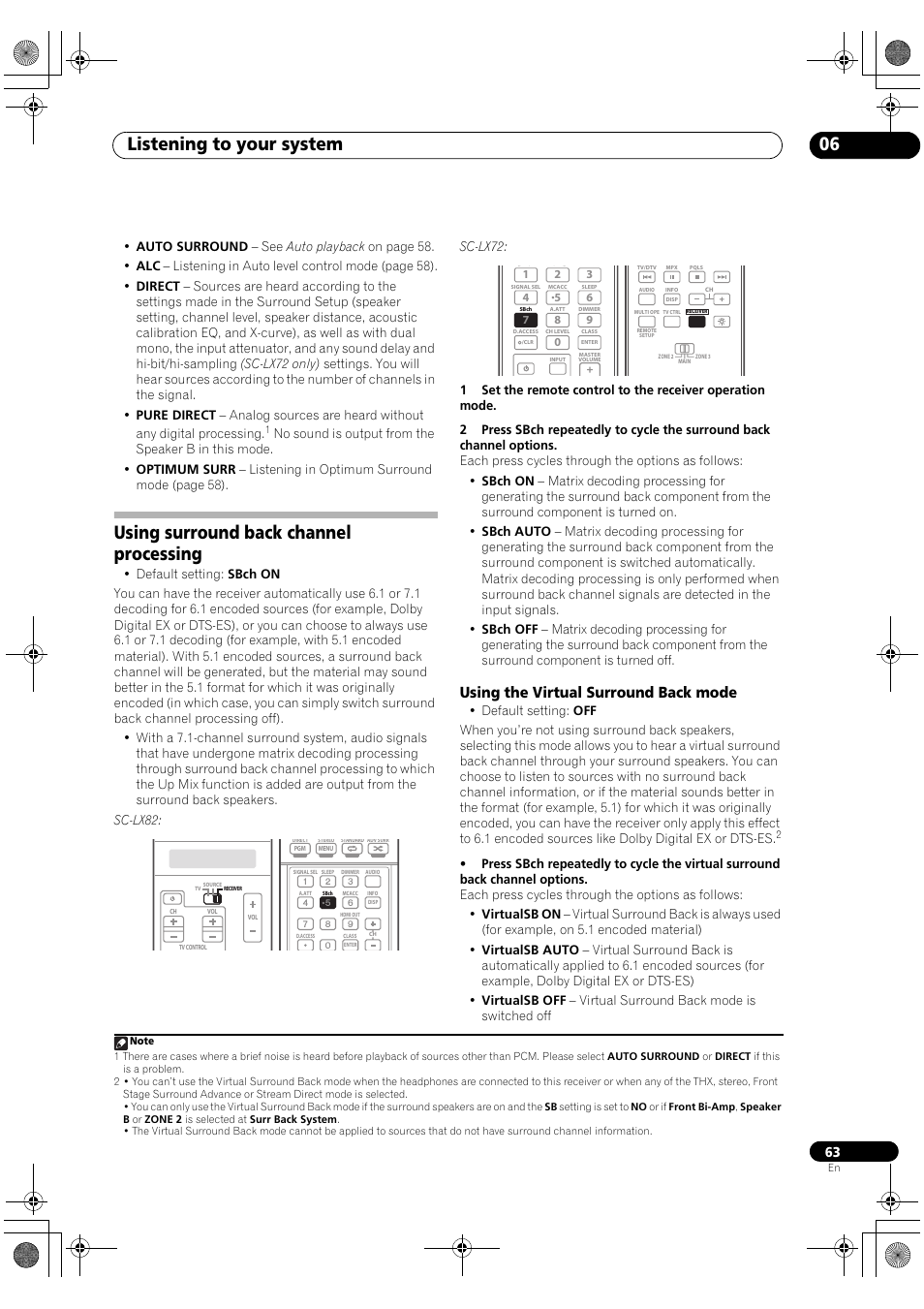 Using surround back channel processing, Using the virtual surround back mode, Listening to your system 06 | Pioneer SC-LX82 User Manual | Page 63 / 148