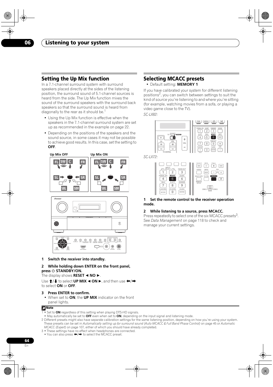 Setting the up mix function, Selecting mcacc presets, Listening to your system 06 | Sc-lx72, C sw fl fr sl sr sbl sbr sbl sbr c sw fl fr sl sr | Pioneer SC-LX82 User Manual | Page 64 / 148