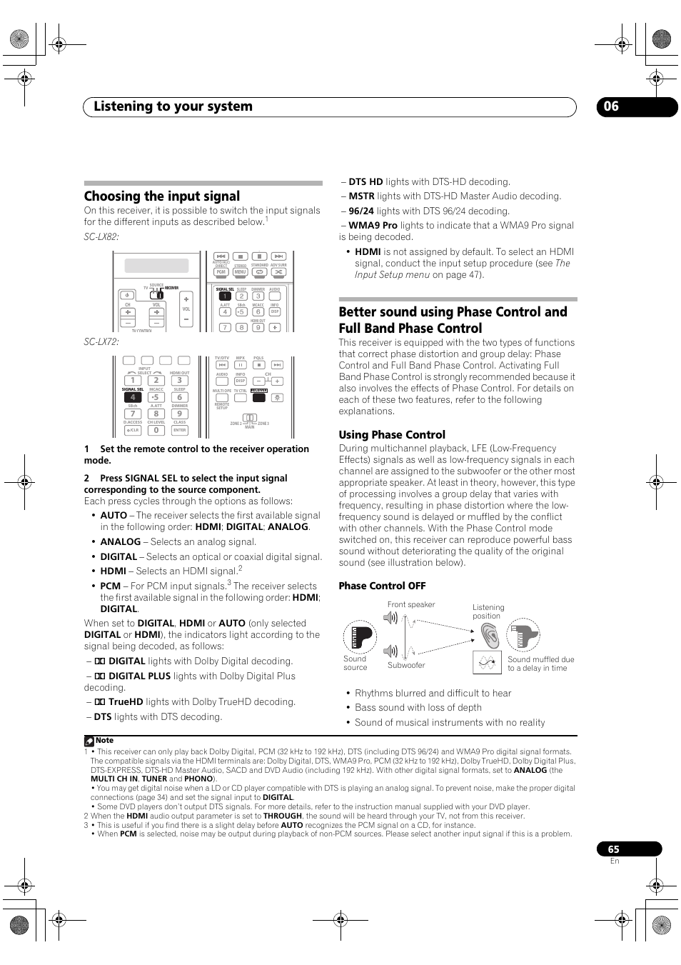 Choosing the input signal, Using phase control, Listening to your system 06 | Phase control off | Pioneer SC-LX82 User Manual | Page 65 / 148