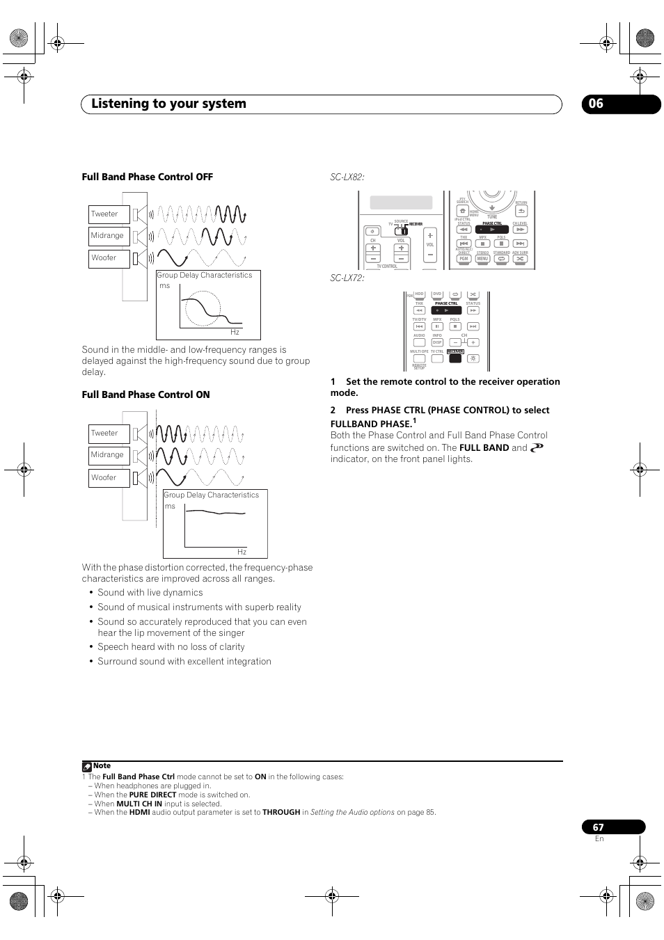Listening to your system 06, Full band phase control off, Full band phase control on | Pioneer SC-LX82 User Manual | Page 67 / 148
