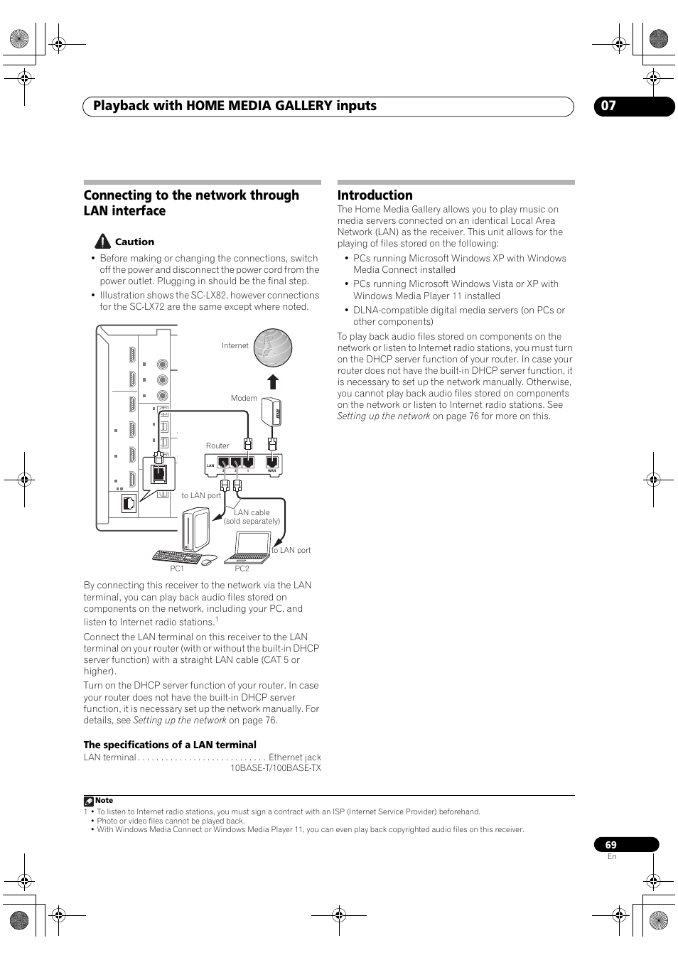Connecting to the network through lan interface, Introduction, Playback with home media gallery inputs 07 | The specifications of a lan terminal | Pioneer SC-LX82 User Manual | Page 69 / 148