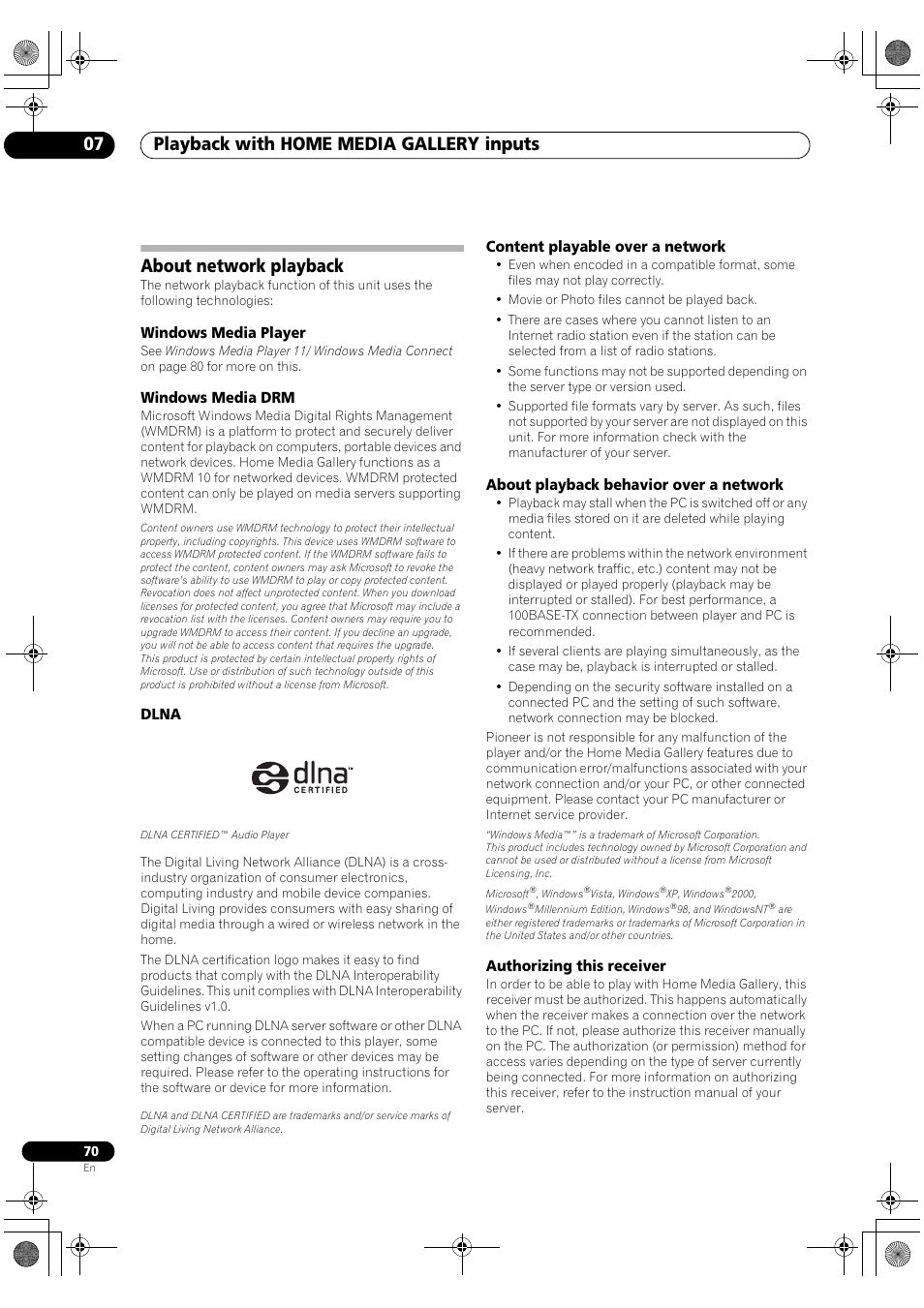 About network playback, Windows media player, Windows media drm | Dlna, Content playable over a network, About playback behavior over a network, Authorizing this receiver, Playback with home media gallery inputs 07 | Pioneer SC-LX82 User Manual | Page 70 / 148