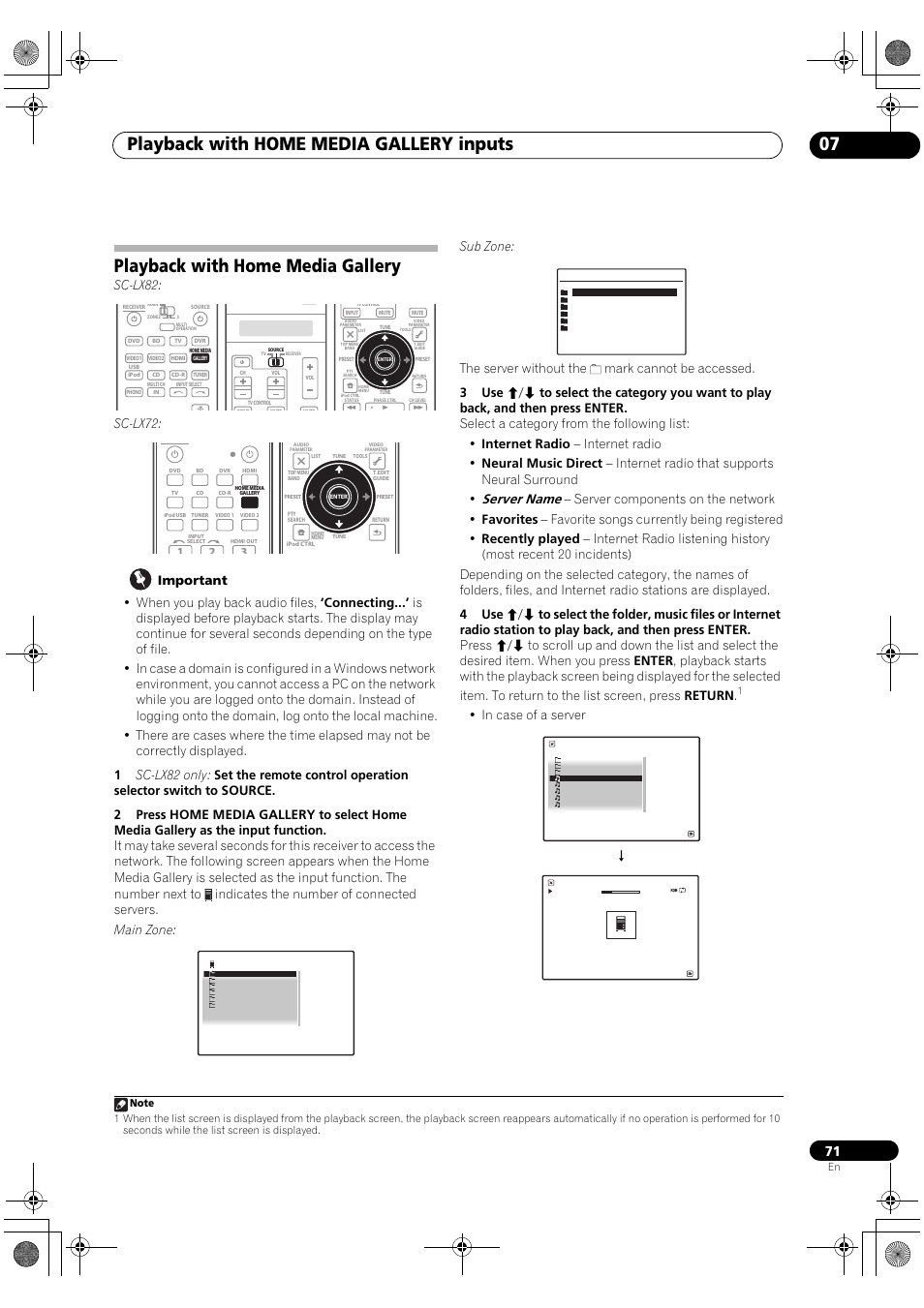 Playback with home media gallery, Playback with home media gallery inputs 07, Server name | Sc-lx82, Sc-lx72 | Pioneer SC-LX82 User Manual | Page 71 / 148