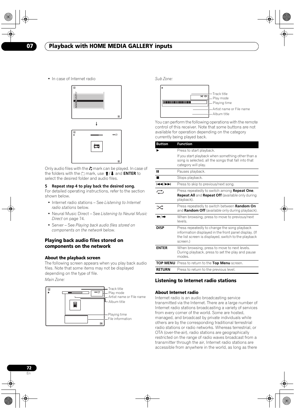 Listening to internet radio stations, Playback with home media gallery inputs 07, About the playback screen | About internet radio | Pioneer SC-LX82 User Manual | Page 72 / 148