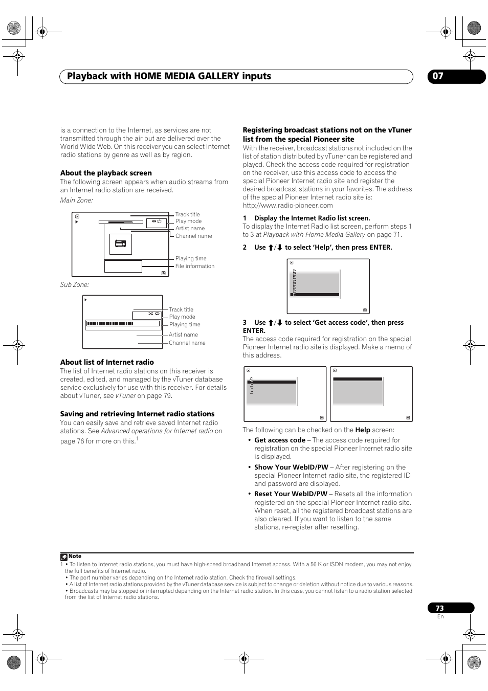 Playback with home media gallery inputs 07, About the playback screen, About list of internet radio | Saving and retrieving internet radio stations | Pioneer SC-LX82 User Manual | Page 73 / 148