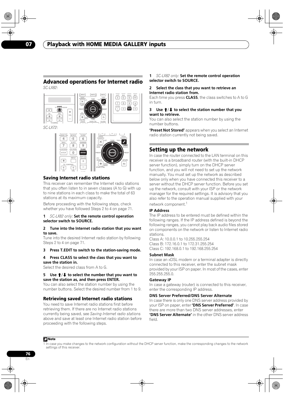 Advanced operations for internet radio, Saving internet radio stations, Retrieving saved internet radio stations | Setting up the network, Playback with home media gallery inputs 07, Sc-lx82, Sc-lx72 | Pioneer SC-LX82 User Manual | Page 76 / 148