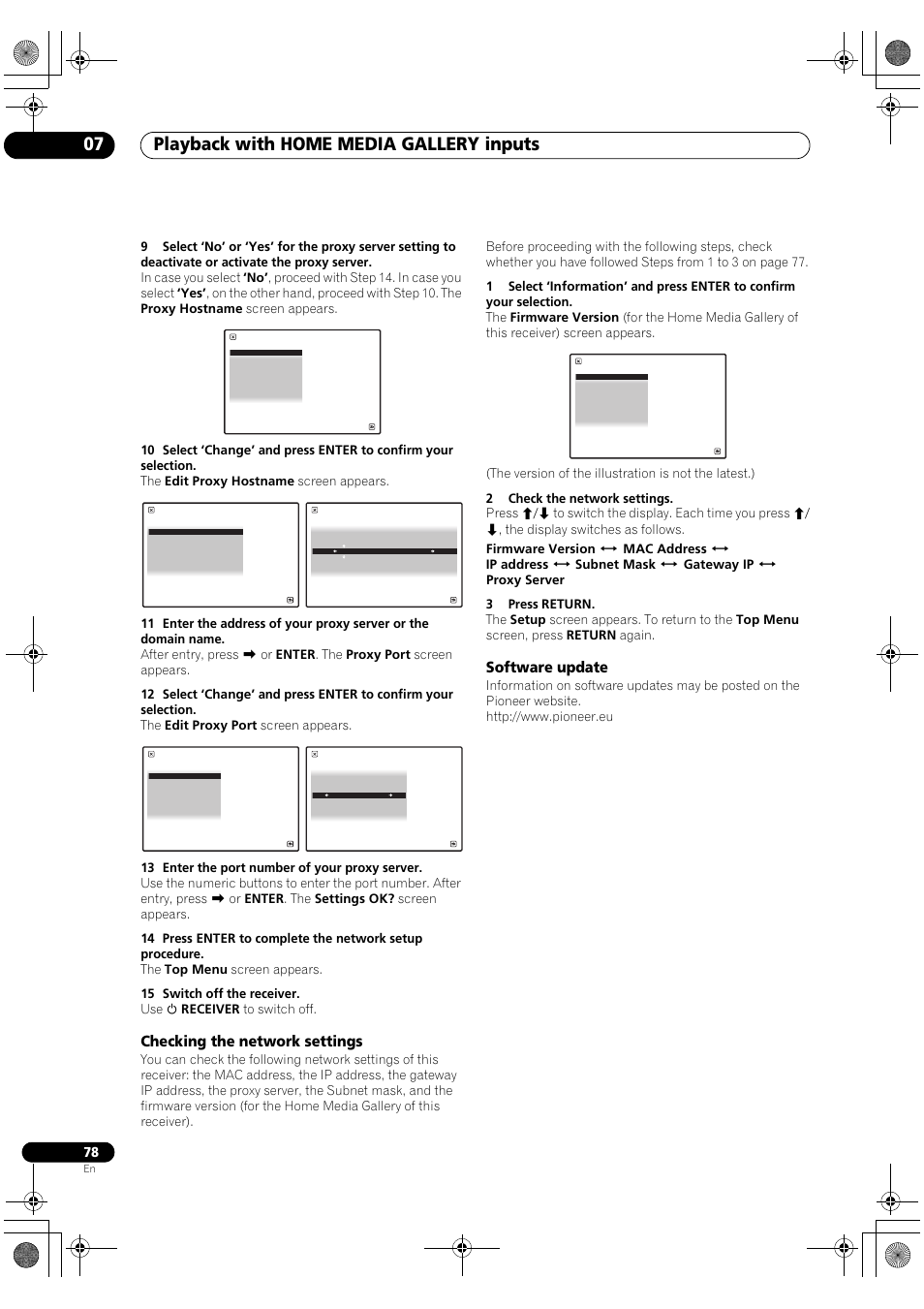 Checking the network settings, Software update, Playback with home media gallery inputs 07 | Pioneer SC-LX82 User Manual | Page 78 / 148