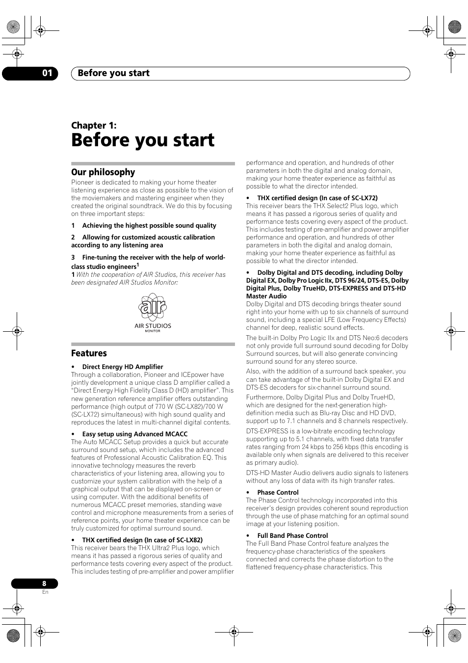 Before you start, Our philosophy, Features | Before you start 01, Chapter 1 | Pioneer SC-LX82 User Manual | Page 8 / 148