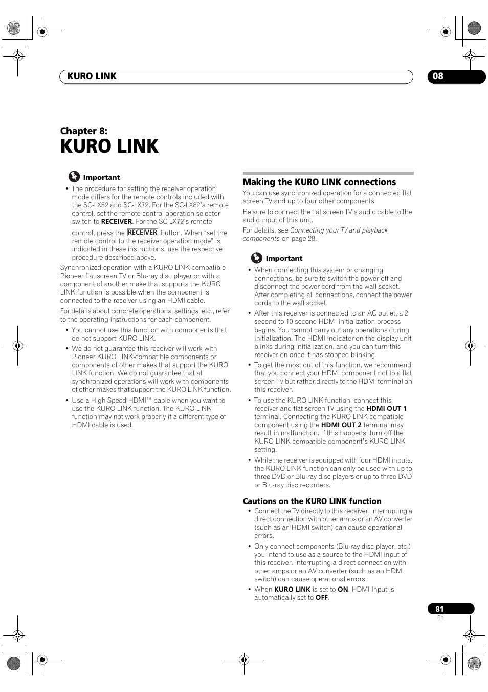 Kuro link, Making the kuro link connections, Cautions on the kuro link function | Kuro link 08, Chapter 8 | Pioneer SC-LX82 User Manual | Page 81 / 148