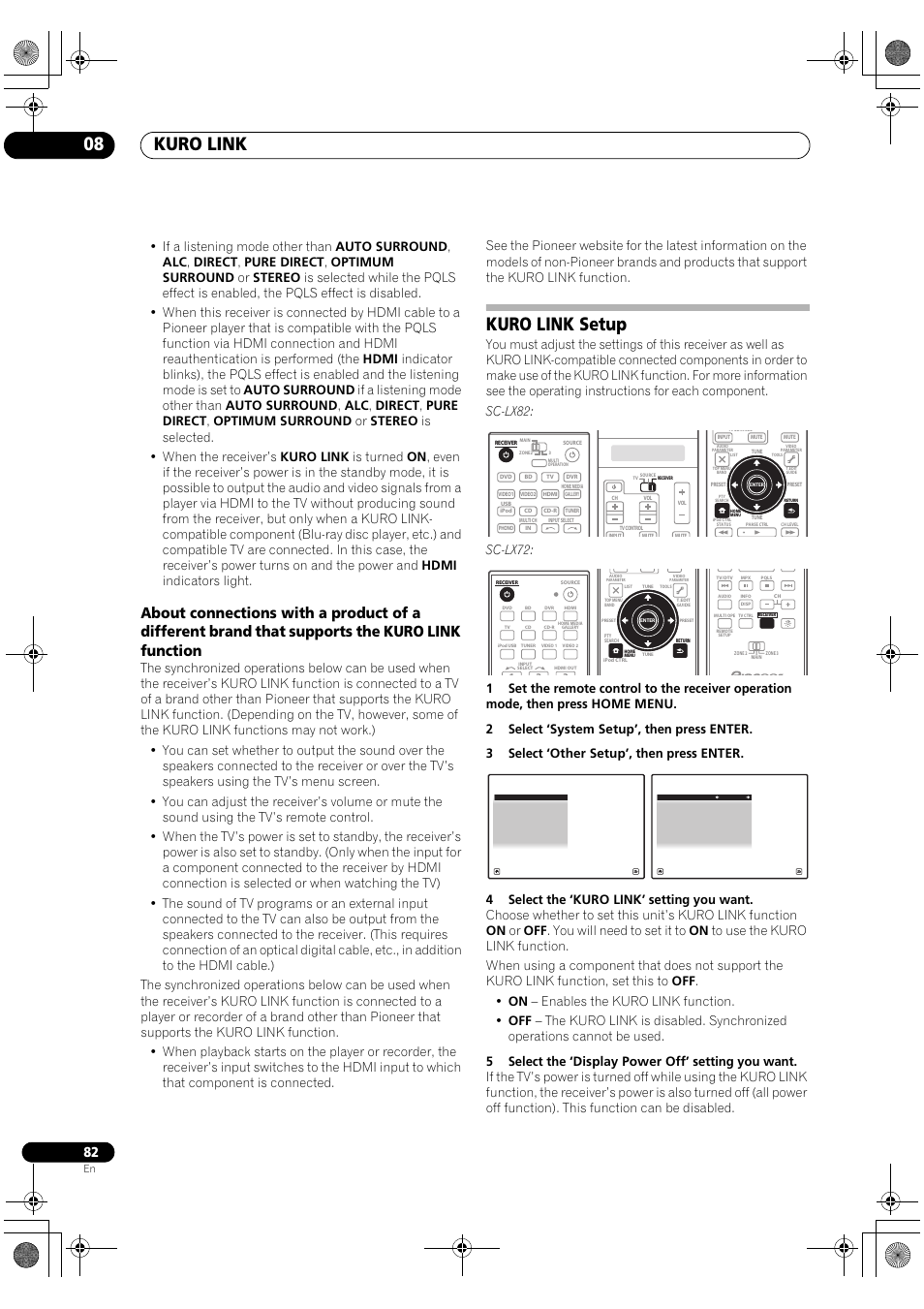 Kuro link setup, Kuro link 08, Sc-lx72 | Pioneer SC-LX82 User Manual | Page 82 / 148
