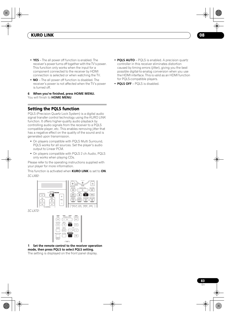 Setting the pqls function, Kuro link 08 | Pioneer SC-LX82 User Manual | Page 83 / 148