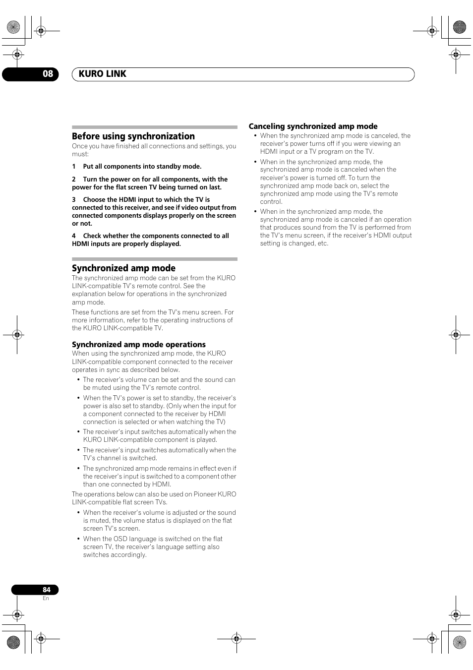 Before using synchronization, Synchronized amp mode, Synchronized amp mode operations | Canceling synchronized amp mode, Kuro link 08 | Pioneer SC-LX82 User Manual | Page 84 / 148