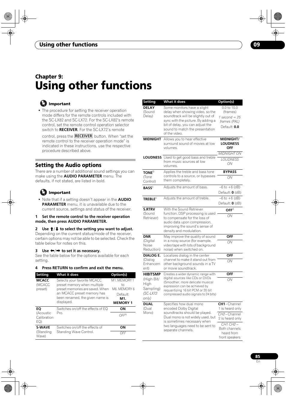 Using other functions, Setting the audio options, Using other functions 09 | Chapter 9 | Pioneer SC-LX82 User Manual | Page 85 / 148