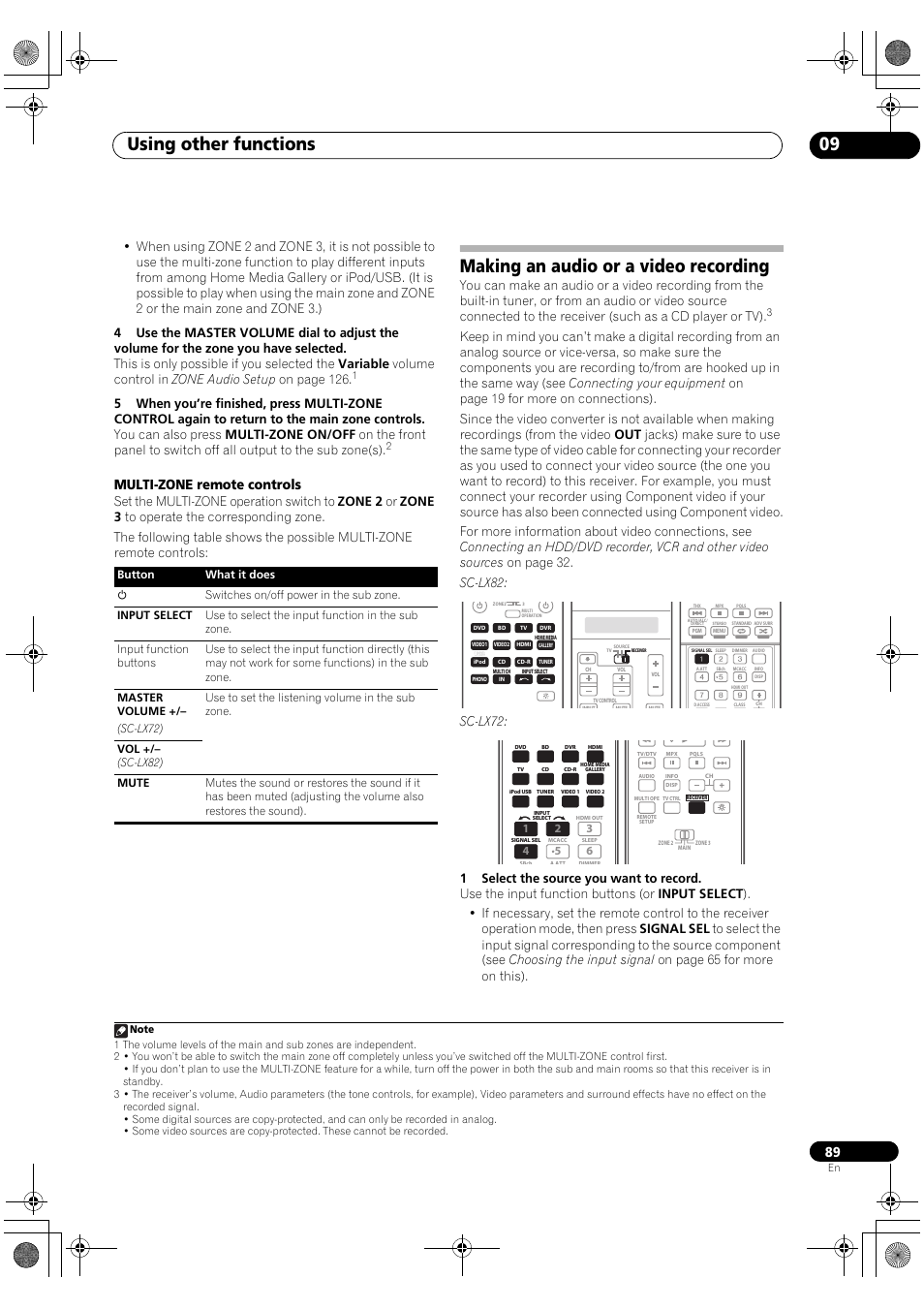 Making an audio or a video recording, Using other functions 09, Multi-zone remote controls | Sc-lx72 | Pioneer SC-LX82 User Manual | Page 89 / 148