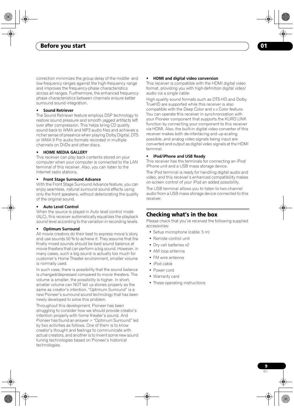 Checking what’s in the box, Before you start 01 | Pioneer SC-LX82 User Manual | Page 9 / 148
