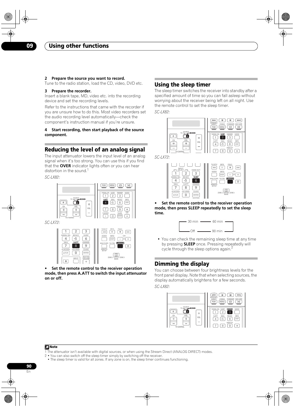 Reducing the level of an analog signal, Using the sleep timer, Dimming the display | Using other functions 09, Sc-lx82, Sc-lx72 | Pioneer SC-LX82 User Manual | Page 90 / 148