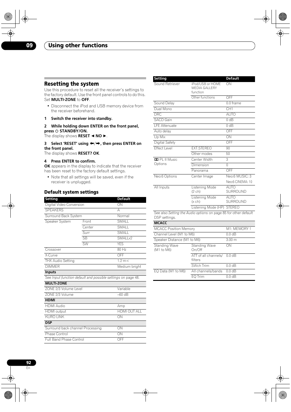 Resetting the system, Default system settings, Using other functions 09 | Pioneer SC-LX82 User Manual | Page 92 / 148