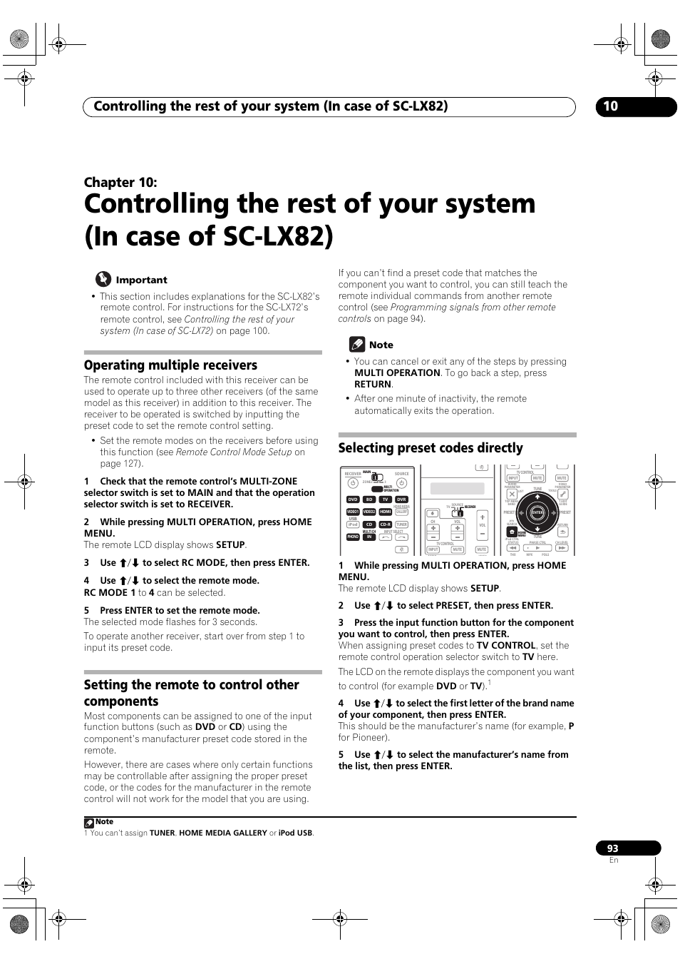 Operating multiple receivers, Setting the remote to control other components, Selecting preset codes directly | Chapter 10 | Pioneer SC-LX82 User Manual | Page 93 / 148