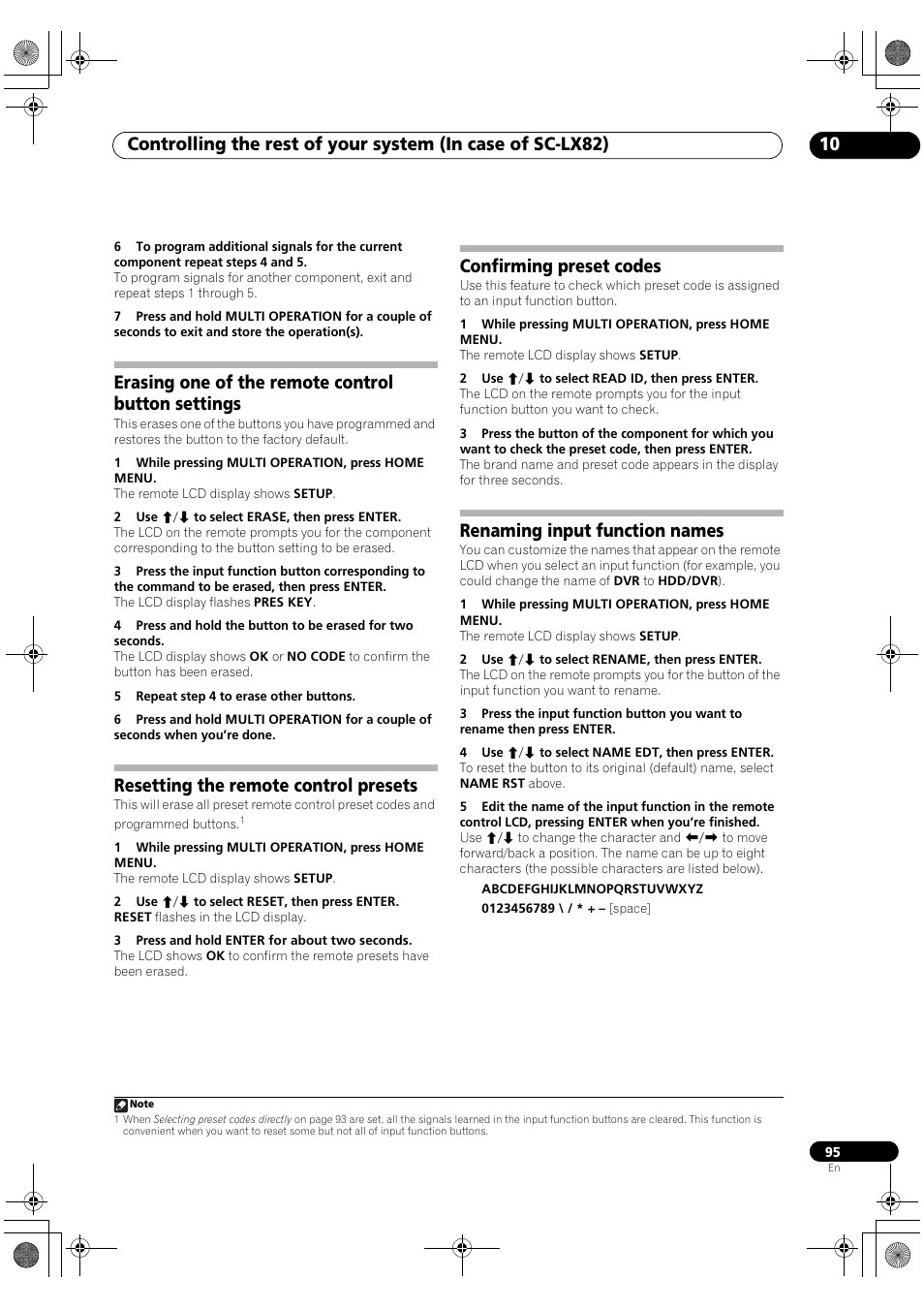 Erasing one of the remote control button settings, Resetting the remote control presets, Confirming preset codes | Renaming input function names | Pioneer SC-LX82 User Manual | Page 95 / 148