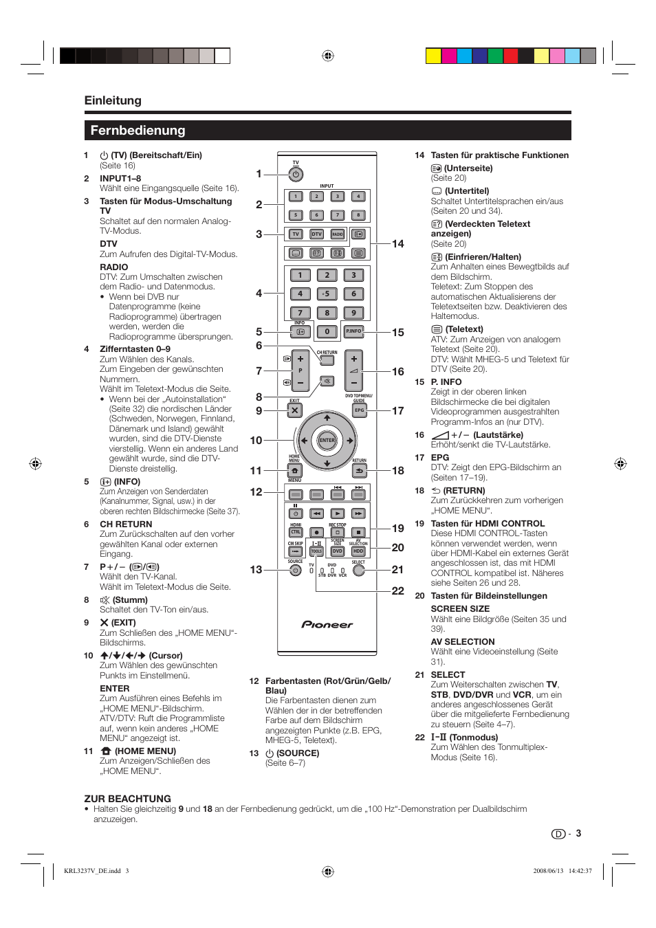 Fernbedienung, Einleitung | Pioneer KRL-37V User Manual | Page 101 / 338