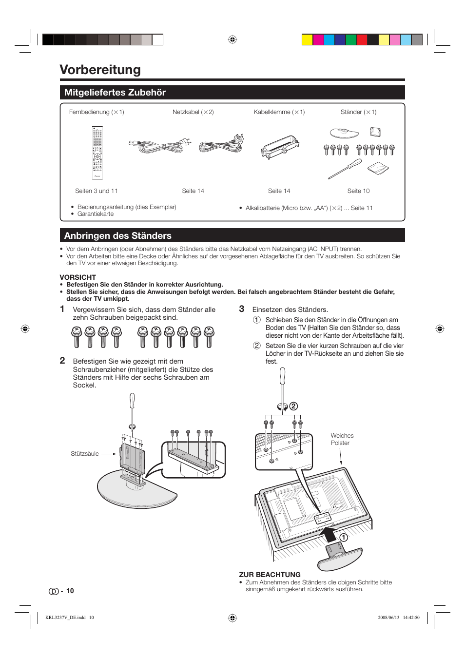 Vorbereitung, Mitgeliefertes zubehör anbringen des ständers | Pioneer KRL-37V User Manual | Page 108 / 338